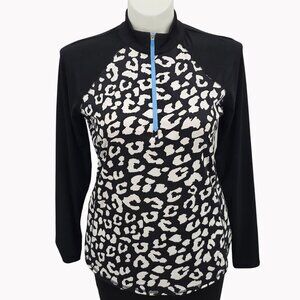 Jofit Womens L Black White Leopard Print Long Sleeve 1/4 Zip Pullover Top